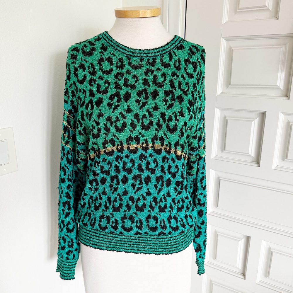 Amen Wardy Vintage 80s Animal Leopard Print Knit Sweater Green Gold Black